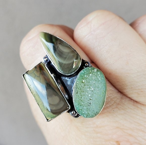 New Imperial Jasper & Druzy Silver Statement Ring. - Picture 1 of 9